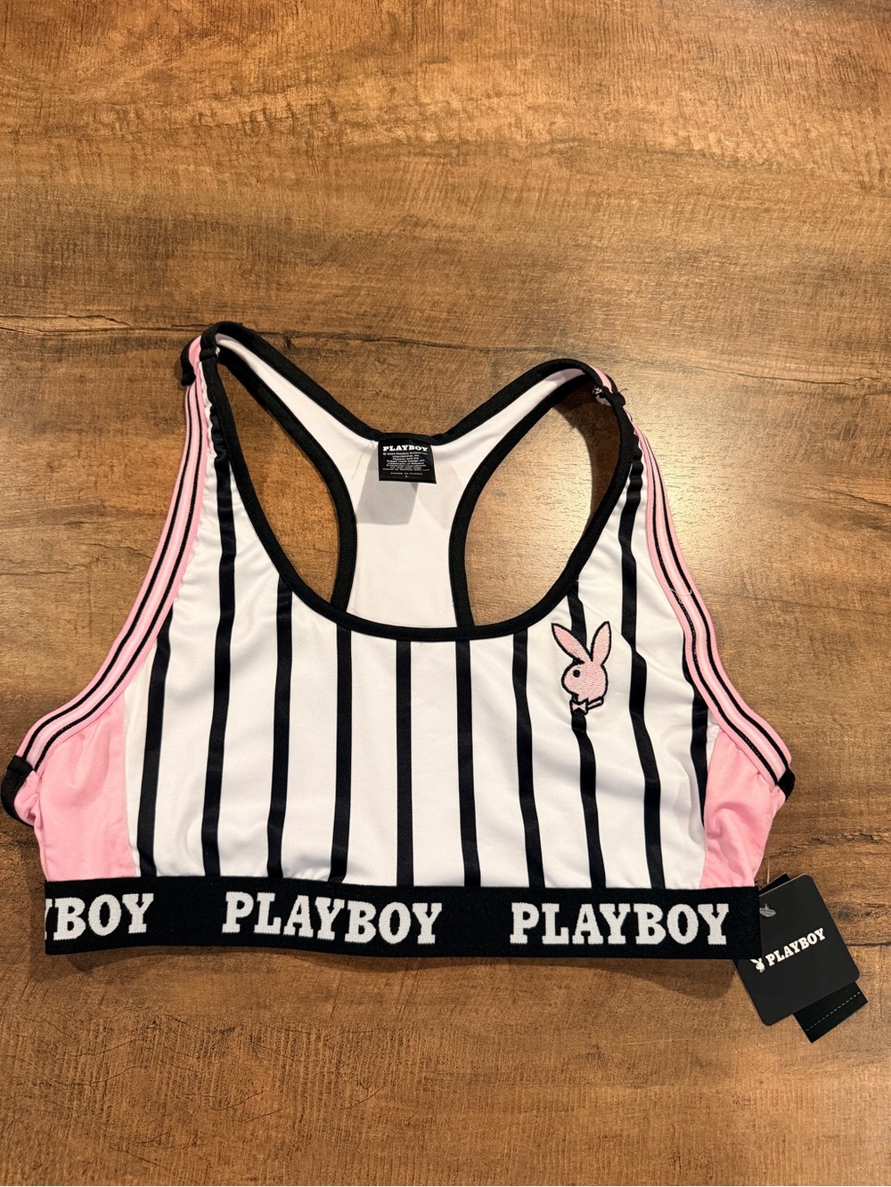 PLAYBOY Pink, White & Black Striped Sports Bra